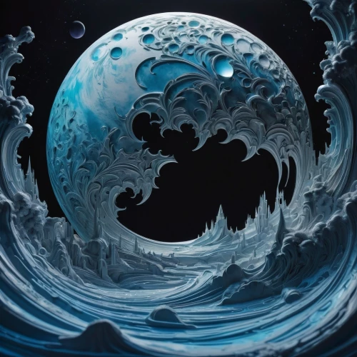 yinyang,ice planet,blue planet,lunar landscape,ice bubble,blue moon,maelstrom,the great wave off kanagawa,frozen bubble,moon seeing ice,oceano,fractal art,jupiter moon,moon surface,lunar,orb,fractals art,blue spheres,charybdis,hydrosphere,Conceptual Art,Sci-Fi,Sci-Fi 02