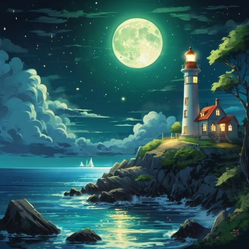 lighthouse,lighthouses,light house,petit minou lighthouse,electric lighthouse,moonlit night,sea night,phare,moonlight,fantasy picture,cartoon video game background,landscape background,windows wallpaper,moon and star background,beautiful wallpaper,ocean background,moonlit,world digital painting,red lighthouse,night scene,Conceptual Art,Fantasy,Fantasy 02