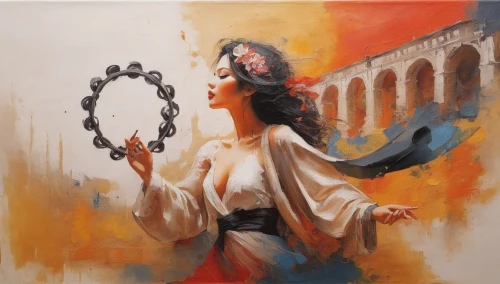 italian painter,girl with a wheel,flamenco,overpainting,cavaliere,sorrentino,tambourine,oil painting on canvas,transistor,art painting,vettriano,paganini,artaserse,woman playing,savonarola,lucrezia,tosca,caravaggisti,woman pointing,bacchante,Illustration,Paper based,Paper Based 07