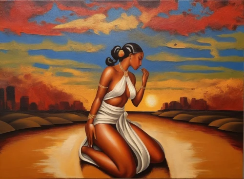 oil painting on canvas,african art,mousseau,oil on canvas,chicana,woman walking,oil painting,woman thinking,african woman,girl walking away,art painting,praying woman,indigenous painting,orange blossom,emancipation,african american woman,girl in a long dress,pintura,girl in a long,markin,Illustration,Realistic Fantasy,Realistic Fantasy 21