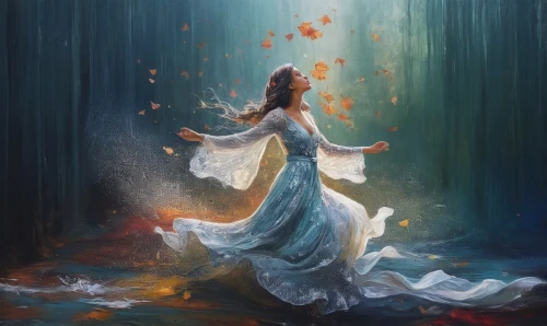 girl in a long dress,persephone,fantasy picture,enchantment,mystical portrait of a girl,fathom,amphitrite,world digital painting,naiad,enchanted,fantasy art,seelie,water nymph,gracefulness,fairy queen,heatherley,splashing,fallen petals,falling on leaves,margaery,Illustration,Paper based,Paper Based 04