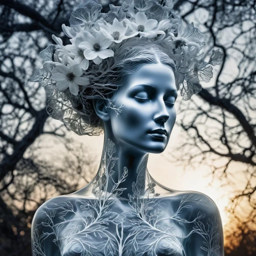 dryad,the snow queen,bodypainting,hoarfrost,faerie,headdress,dryads,blue enchantress,ice queen,jingna,body painting,faery,bodypaint,leafless,sculptress,white rose snow queen,persephone,victorian lady,adornment,elven flower,Illustration,Realistic Fantasy,Realistic Fantasy 40