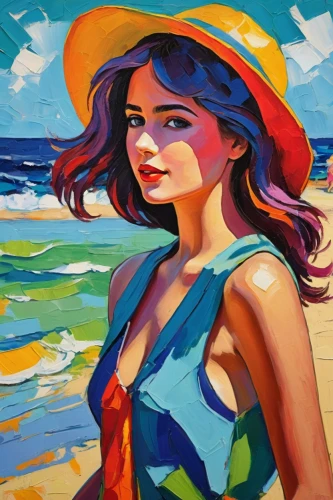 beach background,mousseau,painting technique,colorful background,oil painting,woman with ice-cream,jasinski,oil painting on canvas,girl wearing hat,pittura,girl on the river,beach landscape,art painting,watercolor women accessory,girl on the dune,retro woman,photo painting,flamenca,young woman,sun hat,Conceptual Art,Oil color,Oil Color 25