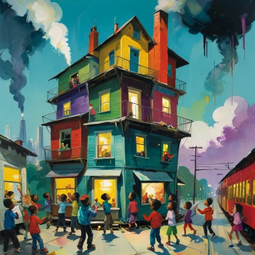 rowhouse,row houses,new orleans,colorful city,neworleans,welliver,house painting,rowhouses,firehouses,smoketown,dollhouses,colescott,alehouses,townspeople,baltimore,poorhouses,slum,delaughter,boardinghouses,church painting,Conceptual Art,Oil color,Oil Color 01