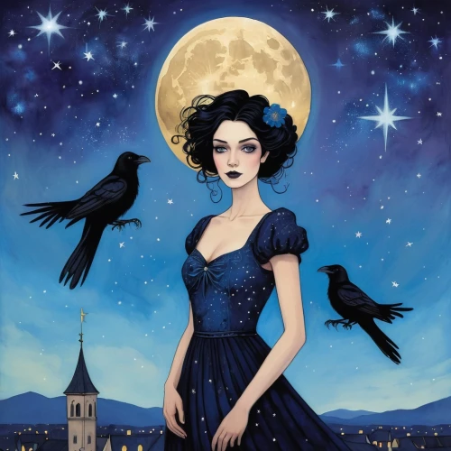 hecate,selene,moon phase,queen of the night,blue moon rose,lady of the night,blue moon,gothic woman,behenna,raven girl,nocturnal bird,gothic dress,nightdress,moonchild,morgana,fairest,inanna,blue enchantress,evanescence,madlen,Photography,General,Realistic