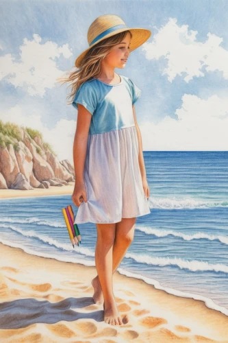 beach landscape,watercolor painting,photorealist,girl on the dune,watercolor background,gantner,watercolourist,watercolour paint,little girl in wind,watercolorist,heatherley,donsky,carol colman,beach background,walk on the beach,colwell,photo painting,watercolor pencils,pittura,colored pencil background,Conceptual Art,Daily,Daily 17