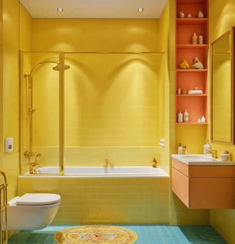 yellow wallpaper,luxury bathroom,gold wall,bath room,yellow wall,bathtub,mahdavi,banyo,bathroom,ochre,gold lacquer,fromental,gold paint stroke,bagno,tub,gold stucco frame,interior design,lemon wallpaper,gold-pink earthy colors,tiling,Photography,General,Realistic
