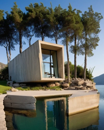 house with lake,pool house,mahdavi,dunes house,house by the water,utzon,summer house,amanresorts,corten steel,cubic house,travertine,siza,aqua studio,mid century house,chillida,zumthor,modern house,holiday villa,holiday home,mirror house,Photography,General,Realistic