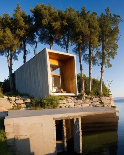house by the water,renders,3d rendering,render,summer house,dunes house,cubic house,inverted cottage,3d render,house with lake,boat house,corten steel,holiday home,sketchup,aqua studio,houseboat,prefab,summerhouse,cube stilt houses,boat shed,Photography,General,Realistic