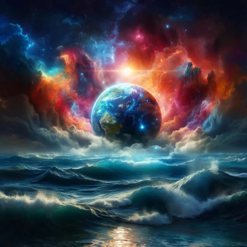 ocean background,space art,blue planet,universe,fantasy picture,the universe,the endless sea,earth in focus,supernovae,ocean,universo,alien planet,dreamscape,cosmogenic,macrocosm,full hd wallpaper,world digital painting,tidal wave,the earth,earthlike