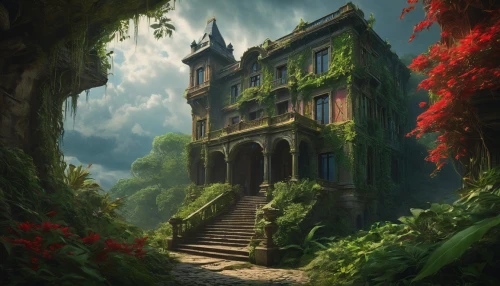 house in the forest,witch's house,forest house,ancient house,fantasy picture,abandoned place,the threshold of the house,fantasy landscape,dreamhouse,abandoned house,castlevania,lonely house,lost place,ghost castle,dandelion hall,castle of the corvin,fairy tale castle,apartment house,fairytale castle,lostplace,Conceptual Art,Fantasy,Fantasy 05
