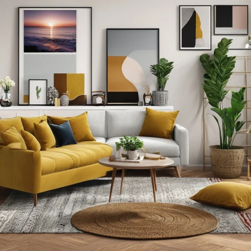 modern decor,contemporary decor,interior decor,apartment lounge,living room,livingroom,interior decoration,ochre,furnishing,modern living room,sitting room,the living room of a photographer,yellow wall,sofas,home interior,decoratifs,sofa set,furnishes,decors,mid century modern,Photography,General,Realistic