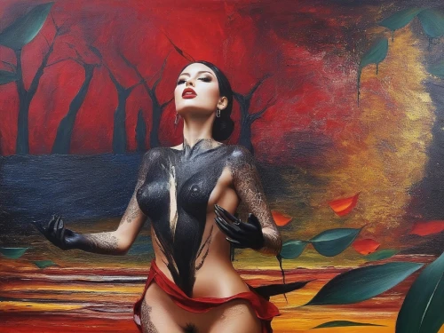 bodypainting,body painting,bodypaint,neon body painting,vampirella,jasinski,oil painting on canvas,elektra,fantasy art,oil painting,vampira,fire dancer,dita,viveros,art painting,tura satana,italian painter,body art,oil paint,fantasy woman,Illustration,Abstract Fantasy,Abstract Fantasy 14