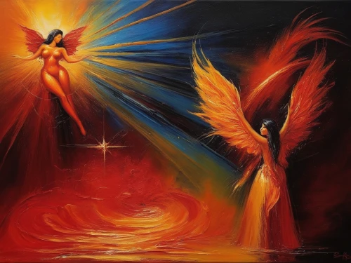 pentecostalist,pentecost,fire angel,pentecostalists,angel and devil,the annunciation,voladores,annunciation,icarus,renacimiento,pheonix,fenix,oil painting on canvas,dancing flames,samuil,flame spirit,fire birds,angels,fire artist,angels of the apocalypse,Illustration,Realistic Fantasy,Realistic Fantasy 32