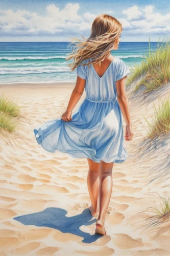 little girl in wind,girl on the dune,walk on the beach,beach background,footprints in the sand,chalk drawing,the beach-grass elke,white sand,summerwind,little girl running,donsky,little girl twirling,photo painting,beach landscape,windswept,colored pencil background,beach walk,girl walking away,blue painting,watercolor background,Conceptual Art,Daily,Daily 17