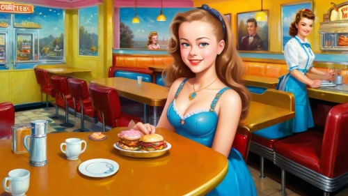 retro diner,woman at cafe,waitress,woman drinking coffee,diner,woman with ice-cream,soda shop,paris cafe,ice cream parlor,tearoom,girl with cereal bowl,coffee shop,world digital painting,the coffee shop,woman holding pie,coffeeshop,luncheonette,cigarette girl,cafe,soda fountain