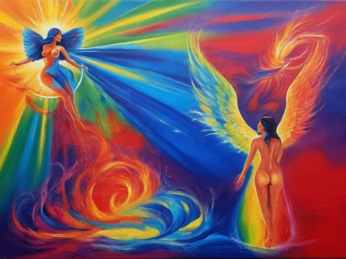 archangels,annunciation,vibrantly,the annunciation,oil painting on canvas,pentecost,vivants,sylphs,dancers,pentecostalist,vibrancy,energies,pinturas,eurythmy,art painting,pintura,angel trumpets,momix,color feathers,harmony of color,Illustration,Realistic Fantasy,Realistic Fantasy 20