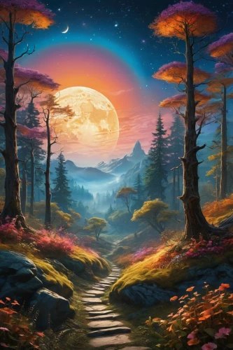 fantasy landscape,fantasy picture,landscape background,the mystical path,forest landscape,pathway,forest path,hiking path,mushroom landscape,cartoon video game background,forest of dreams,dreamscape,nature background,the path,nature landscape,lunar landscape,fantasy art,world digital painting,path,forest background,Photography,General,Realistic