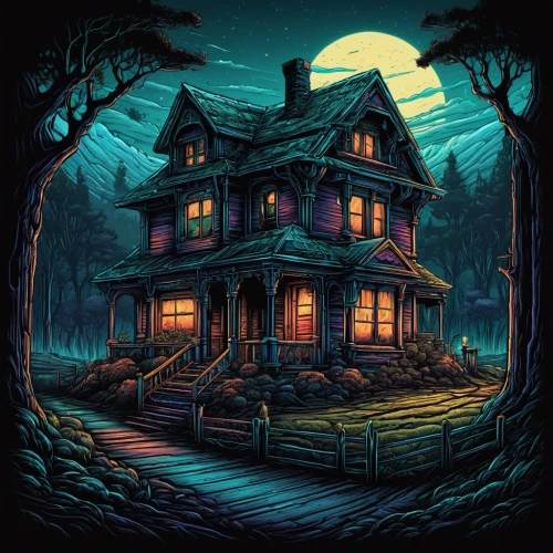 witch's house,halloween illustration,the haunted house,lonely house,witch house,haunted house,house silhouette,house in the forest,halloween scene,little house,halloween background,halloween poster,halloween wallpaper,creepy house,houses clipart,cottage,small house,wooden house,house painting,old house,Illustration,Realistic Fantasy,Realistic Fantasy 25