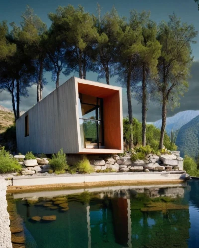 corten steel,snohetta,cubic house,house in the mountains,zumthor,house by the water,inverted cottage,house in mountains,pool house,mirror house,amanresorts,summer house,prefab,house with lake,holiday home,dunes house,lefay,cube house,utzon,mid century house