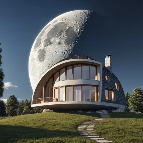 dreamhouse,earthship,sky space concept,futuristic architecture,electrohome,perisphere,moonbase,radome,observatory,planetarium,spacehab,observatoire,round house,3d rendering,beautiful home,moon base alpha-1,futuristic landscape,musical dome,astronomer,moon phase,Photography,General,Realistic