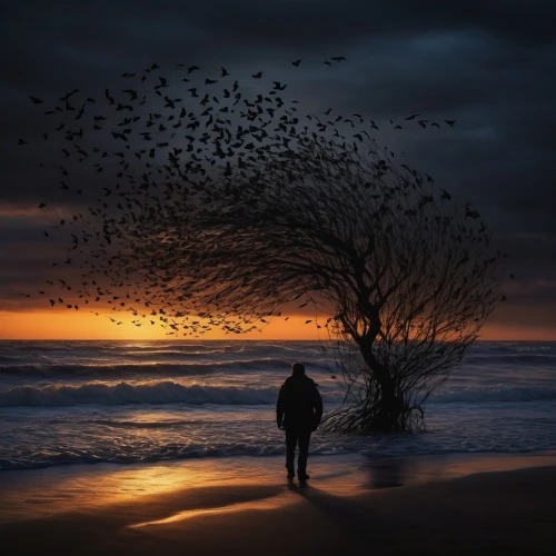 dark beach,silhouette of man,man at the sea,hossein,solitude,hosseinpour,christakis,migration,bird migration,man silhouette,loneliness,woman silhouette,hosseinian,flock of birds,crow in silhouette,the endless sea,birds of the sea,to be alone,fisherman,mumuration,Conceptual Art,Daily,Daily 02