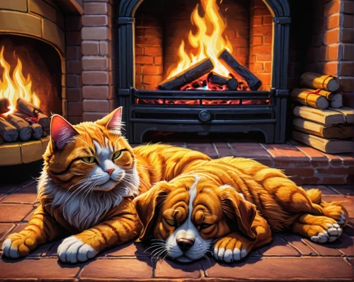 warm and cozy,warmth,firestar,log fire,fireside,red tabby,maincoon,ginger cat,two cats,georgatos,firecat,fireheart,warming,orange tabby cat,fire place,fireplace,fireplaces,fire background,cat resting,hildebrandt,Illustration,Realistic Fantasy,Realistic Fantasy 25