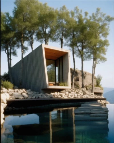 inverted cottage,house with lake,snohetta,cubic house,zumthor,summer house,house by the water,floating huts,boat house,renders,render,dunes house,summer cottage,pool house,houseboat,cube stilt houses,holiday home,3d rendering,aqua studio,cube house,Photography,General,Realistic