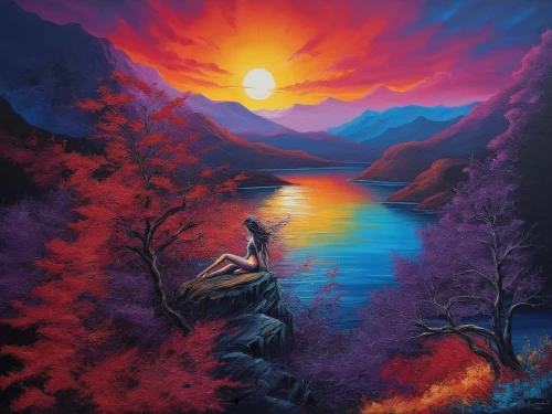 river landscape,mountain sunrise,autumn landscape,landscape background,fall landscape,fantasy landscape,purple landscape,evening lake,incredible sunset over the lake,nature landscape,autumn mountains,mountain landscape,paisaje,painting technique,mountain lake,high mountain lake,mountain scene,ozark,landscape red,volcanic lake,Illustration,Realistic Fantasy,Realistic Fantasy 25