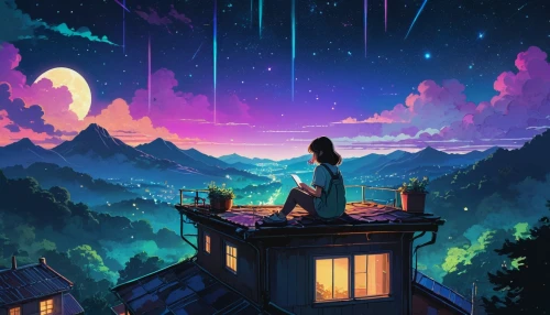 beautiful wallpaper,falling stars,night sky,stargazing,escapism,the night sky,rainbow and stars,samsung wallpaper,dream world,dusk background,windows wallpaper,book wallpaper,overlooking,colorful stars,sky apartment,roof landscape,atmospheres,wallpaper roll,above the city,house silhouette,Photography,General,Natural