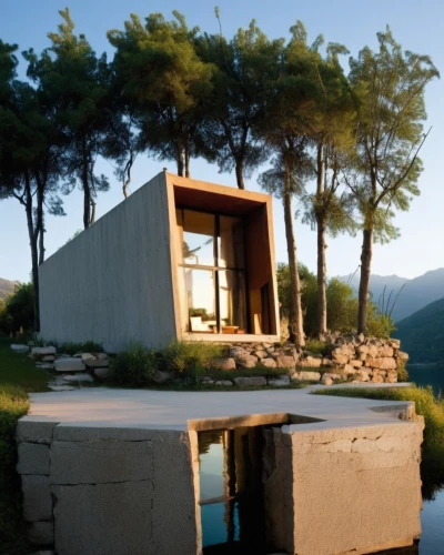 cubic house,corten steel,dunes house,summer house,zumthor,pool house,cube house,amanresorts,house with lake,house in mountains,house in the mountains,kundig,mahdavi,holiday home,modern house,siza,timber house,house by the water,modern architecture,lefay,Photography,General,Realistic
