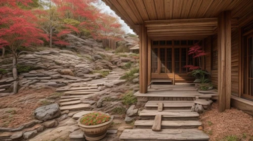 the cabin in the mountains,wooden path,entryway,wooden stairs,ryokan,outside staircase,front porch,japanese-style room,walkway,stone stairs,the threshold of the house,stone stairway,cabins,entryways,fallingwater,japanese garden,entry path,stone ramp,house in mountains,laoshan,Game Scene Design,Game Scene Design,Realistic
