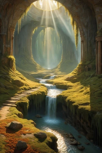 fantasy landscape,rivendell,alfheim,cartoon video game background,fantasy picture,thingol,gondolin,subkingdom,nargothrond,world digital painting,sundering,the mystical path,ithilien,erebor,cave on the water,archway,beleriand,elfland,grotte,fantasy art,Photography,General,Realistic