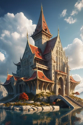 fairy tale castle,fairytale castle,house of the sea,fantasy landscape,beleriand,fantasy picture,castle of the corvin,3d fantasy,citadels,castlelike,neverwinter,house by the water,medieval castle,templar castle,arenanet,gold castle,sunken church,asian architecture,gondolin,knight's castle,Photography,General,Realistic