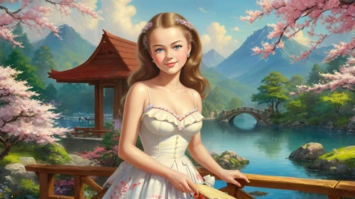 fantasy picture,landscape background,fairy tale character,girl on the river,fantasy art,springtime background,yufeng,fantasy portrait,xueying,liangying,japanese sakura background,spring background,world digital painting,romantic portrait,photo painting,yanzhao,yuanying,art painting,portrait background,qixi