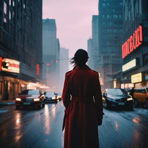 red coat,akira,red cape,elektra,dante,daredevil,new york streets,woman walking,pedestrian,manhattan,man in red dress,superhero background,metropolis,vigilante,bladerunner,girl walking away,raimi,gotham,a pedestrian,soho,Photography,General,Realistic