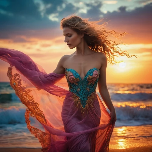 celtic woman,evening dress,mermaid silhouette,flamenca,bellydance,sirene,gypsy soul,enchantment,girl in a long dress,riverdance,gracefulness,eveningwear,the wind from the sea,caftan,girl on the dune,flamenco,splendid colors,enchanting,sirena,mermaid,Photography,General,Cinematic