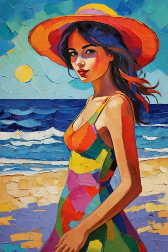 yellow sun hat,mousseau,sun hat,beach background,pregnant woman icon,oil painting,oil painting on canvas,high sun hat,pregnant woman,ordinary sun hat,vietnamese woman,pregnant girl,pittura,beach towel,colorful background,straw hat,woman with ice-cream,girl wearing hat,flamenca,photo painting,Conceptual Art,Oil color,Oil Color 25