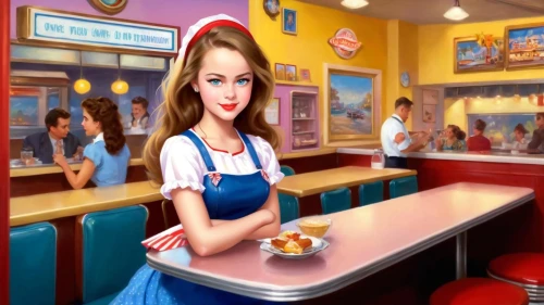 retro diner,waitress,ice cream parlor,soda fountain,soda shop,ice cream shop,doll kitchen,woman with ice-cream,carhop,retro pin up girls,girl in the kitchen,girl with cereal bowl,retro girl,retro pin up girl,hostess,woman at cafe,milkshake,waitresses,ice cream stand,cigarette girl