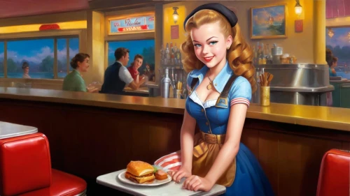 retro diner,waitress,stewardess,waitresses,retro pin up girls,retro pin up girl,woman at cafe,pin up girl,diner,pin up girls,pin-up girl,carhop,soda fountain,diners,pin-up girls,cigarette girl,attendant,50's style,fifties,hostess