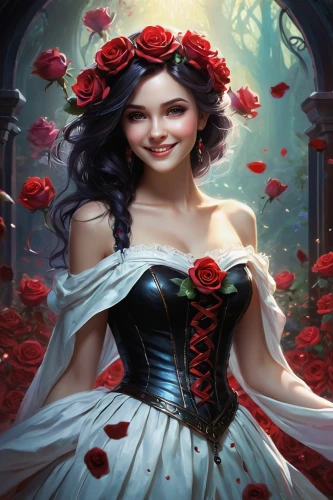 queen of hearts,red roses,persephone,red rose,romantic portrait,way of the roses,fantasy picture,romantic rose,fantasy portrait,beautiful girl with flowers,fantasy art,rosebushes,rose flower illustration,with roses,scent of roses,rosa 'the fairy,black rose hip,roses,red petals,fairy tale character,Conceptual Art,Daily,Daily 34