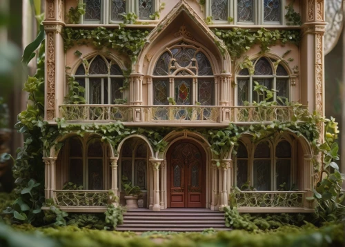 miniature house,garden elevation,fairy house,victorian,witch's house,dandelion hall,ivy frame,model house,doll house,brympton,conservatory,green garden,doll's house,victorian house,victoriana,rapunzel,fairy door,victorians,tyntesfield,row of windows,Art,Artistic Painting,Artistic Painting 26