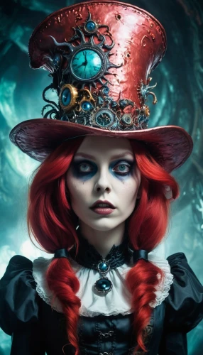 hatter,rasputina,queen of hearts,the hat of the woman,fantasy portrait,gothic portrait,victoriana,magicienne,the hat-female,witch hat,fantasy art,victorian lady,fantasy picture,helsing,gothic woman,sorceress,abaddon,demelza,fairy tale character,redhead doll,Illustration,Realistic Fantasy,Realistic Fantasy 47