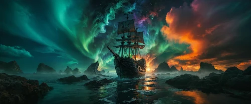 fantasy picture,ghost ship,viking ship,sea fantasy,fantasy landscape,sea sailing ship,fantasy art,pirate ship,sailing ship,northen lights,maelstrom,asgard,fireships,siggeir,fireship,auroras,atlantean,3d fantasy,aurorae,auroral