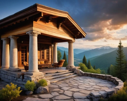 greek temple,house in the mountains,house in mountains,home landscape,the cabin in the mountains,roof landscape,front porch,ancient house,beautiful home,porch,pillars,traditional house,gazebo,house with caryatids,stone pagoda,mountain settlement,mountain scene,alpine landscape,mountain stone edge,teahouse,Conceptual Art,Daily,Daily 34