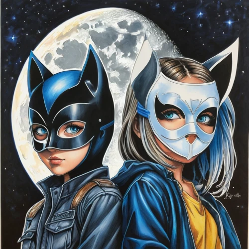 familiars,batgirl,birds of prey-night,birds of prey,catfights,catwoman,superheroines,crimefighters,black cat,bats,cowl,blukat,comic characters,cat ears,catfight,catterns,bluestar,elseworlds,batallion,batterers,Conceptual Art,Daily,Daily 17