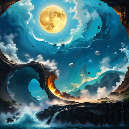 ocean background,moon and star background,fantasy picture,ocean paradise,mermaid background,ocean waves,fantasy landscape,sea landscape,sea night,whirlwinds,whirlpools,lunar landscape,tidal wave,maelstrom,fantasy art,the endless sea,samudra,yinyang,ocean,cartoon video game background,Conceptual Art,Sci-Fi,Sci-Fi 24