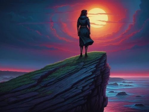 the horizon,woman silhouette,fantasy picture,world digital painting,horizons,girl on the dune,silhouette art,dreamtime,dreamscape,skywatchers,siggeir,melancholia,to be alone,cliffside,dreamscapes,nightfall,solitary,moon walk,solitude,moonrise,Illustration,Realistic Fantasy,Realistic Fantasy 25