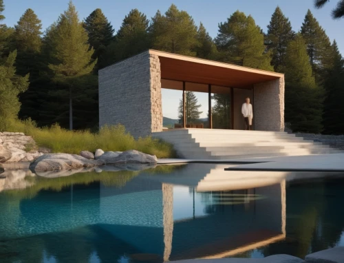 corten steel,pool house,house with lake,summer house,3d rendering,cubic house,forest house,modern house,dunes house,house in the mountains,house in mountains,revit,mid century house,render,modern architecture,house by the water,snohetta,timber house,aqua studio,house in the forest,Photography,General,Realistic