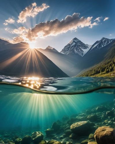 underwater landscape,sun reflection,sun rays,sunrays,vermilion lakes,god rays,mountain sunrise,glacier water,reflection of the surface of the water,rays of the sun,reflection in water,glacial lake,light rays,beautiful lake,reflections in water,lake minnewanka,waterscape,light reflections,lake baikal,water reflection,Photography,Artistic Photography,Artistic Photography 01